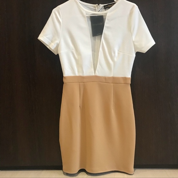 Short White and Tan Dress with Sheer Panel - Picture 1 of 4